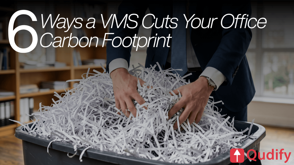Business professional in a suit handling shredded paper waste in a gray bin inside an office, illustrating how a Visitor Management System (VMS) reduces paper usage and cuts office carbon footprint — promotional graphic by Qudify