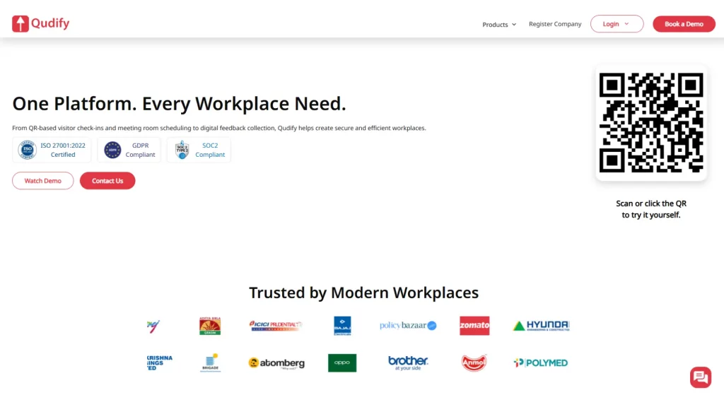 Homepage of the Qudify workplace management platform featuring QR code-based visitor management, digital workplace solutions, secure office check-ins, meeting room scheduling, and workplace automation. Displays ISO 27001, GDPR, and SOC 2 compliance certifications, interactive QR code access, and trusted enterprise customer logos, emphasizing secure visitor management and modern workplace technology.