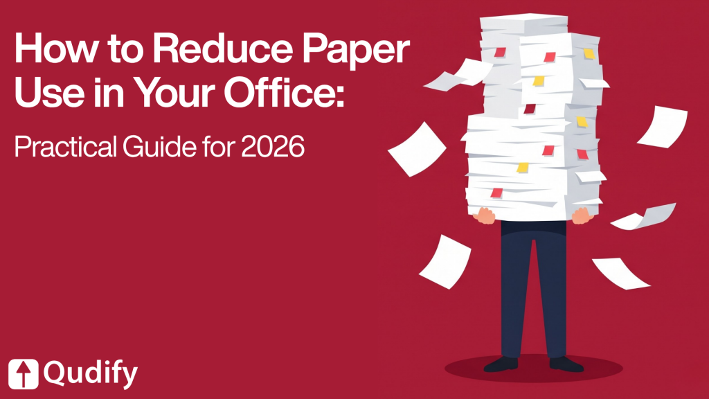 Graphic showing a person struggling with a tall, messy stack of office files, used to represent tips for reducing paper waste in the workplace as part of a 2026 office efficiency guide by Qudify