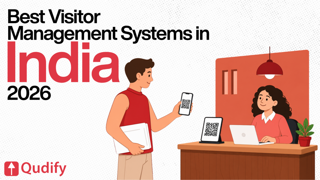 Illustration of a visitor scanning a QR code on his smartphone at an office front desk while a receptionist seated at a laptop assists him, representing the best visitor management systems in India 2026 — by Qudify