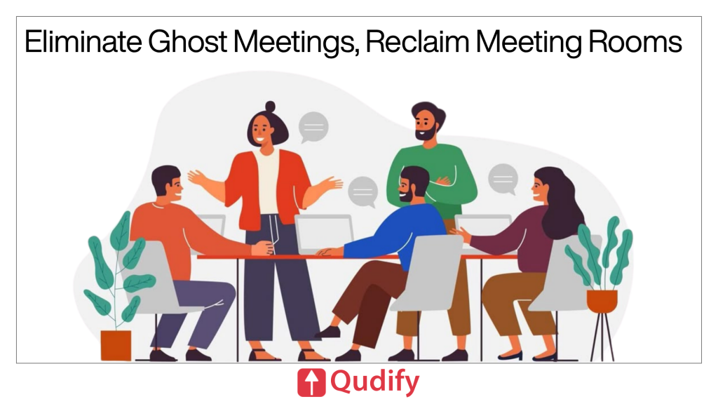 An illustration of a diverse professional team collaborating in an office meeting, featuring team members seated around a table with laptops and one person standing to present, with the Qudify logo at the bottom.