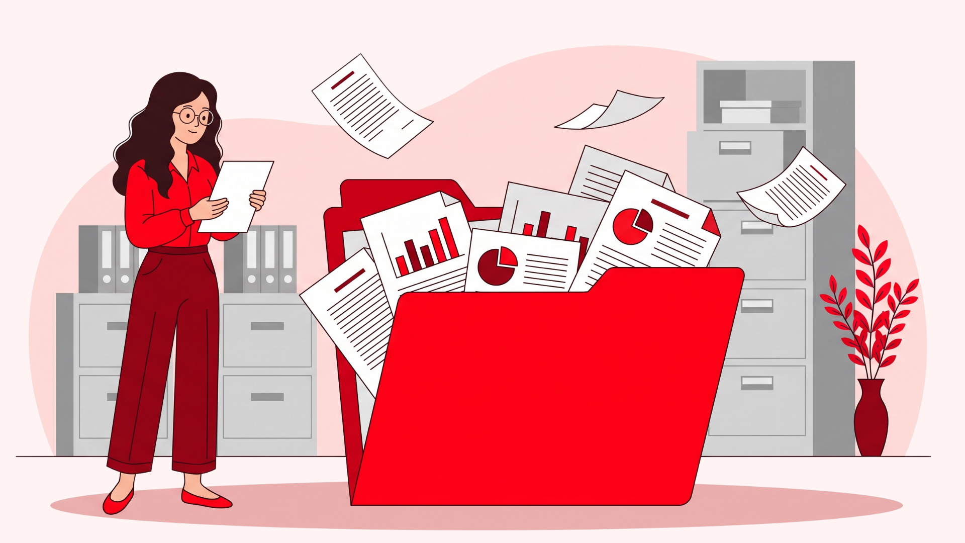 An office worker standing beside a giant red folder overflowing with business documents, charts, and graphs, symbolizing data management or paper-heavy administrative tasks