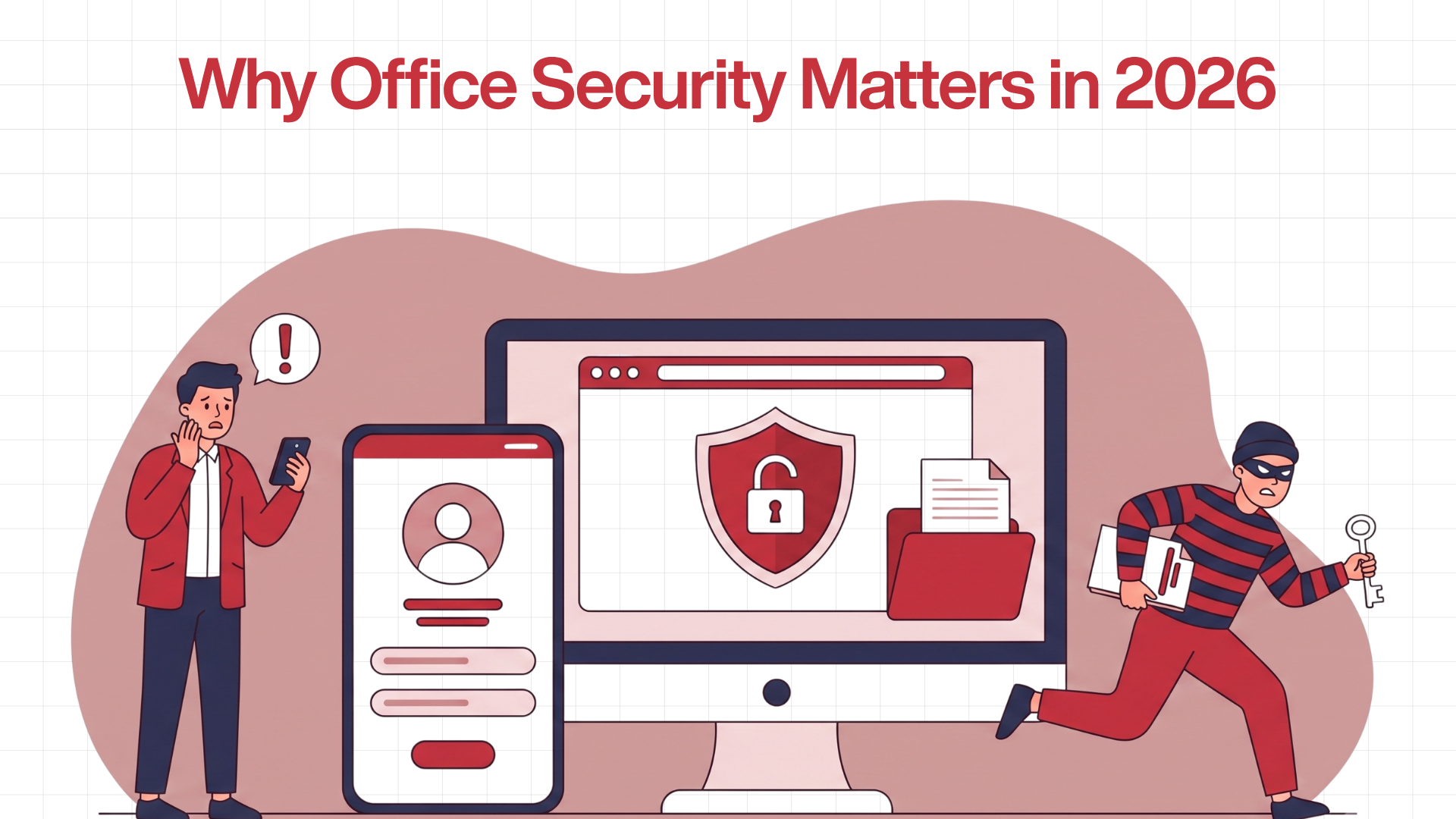 Illustration showing why office security matters in 2026, featuring a worried employee looking at a smartphone, a computer screen with a vulnerable security icon, and a burglar running away with documents, highlighting the risks of data breaches and unauthorized access