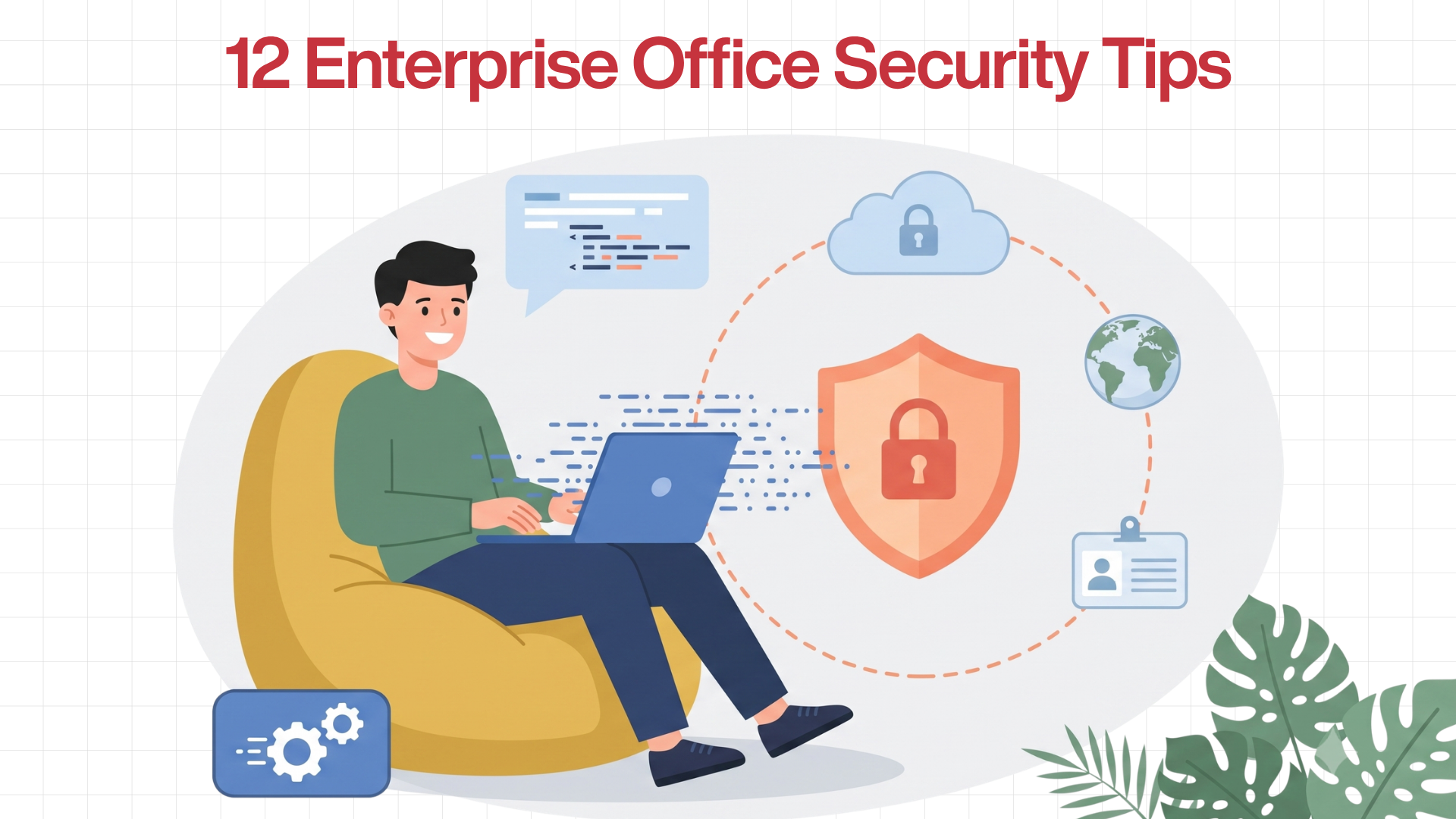 Illustration titled '12 Enterprise Office Security Tips' featuring an employee using a laptop connected to a secure cloud shield, symbolizing protected digital infrastructure, global connectivity, and identity verification.