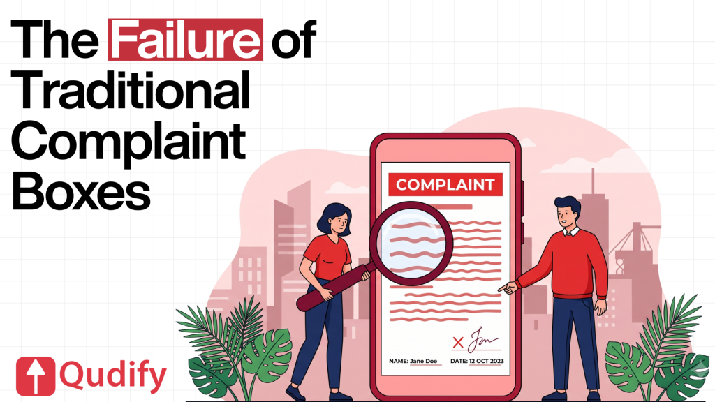 Qudify header illustration titled The Failure of Traditional Complaint Boxes, depicting a woman using a magnifying glass to inspect a digital complaint form on a large smartphone screen while a man points to the mobile device.