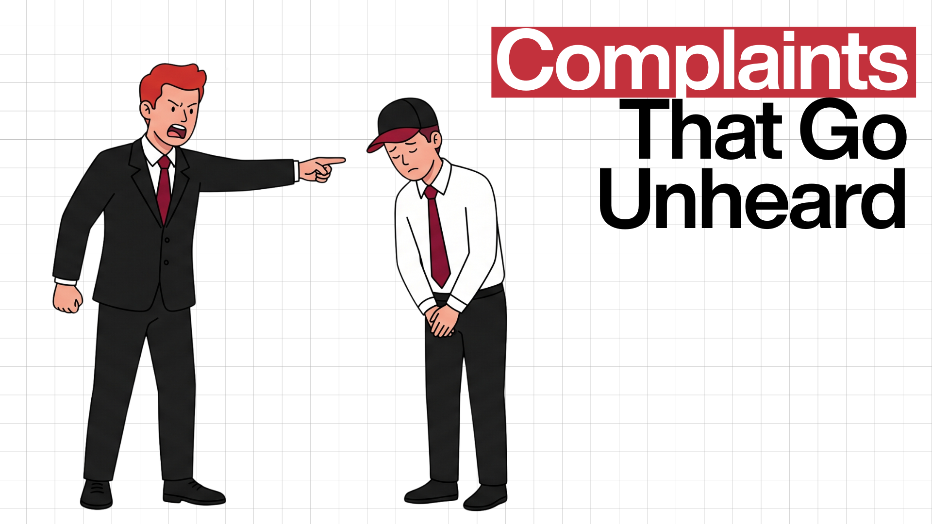 Illustration titled Complaints That Go Unheard, depicting an angry manager in a black suit yelling and pointing at a distressed employee, representing unresolved workplace grievances.