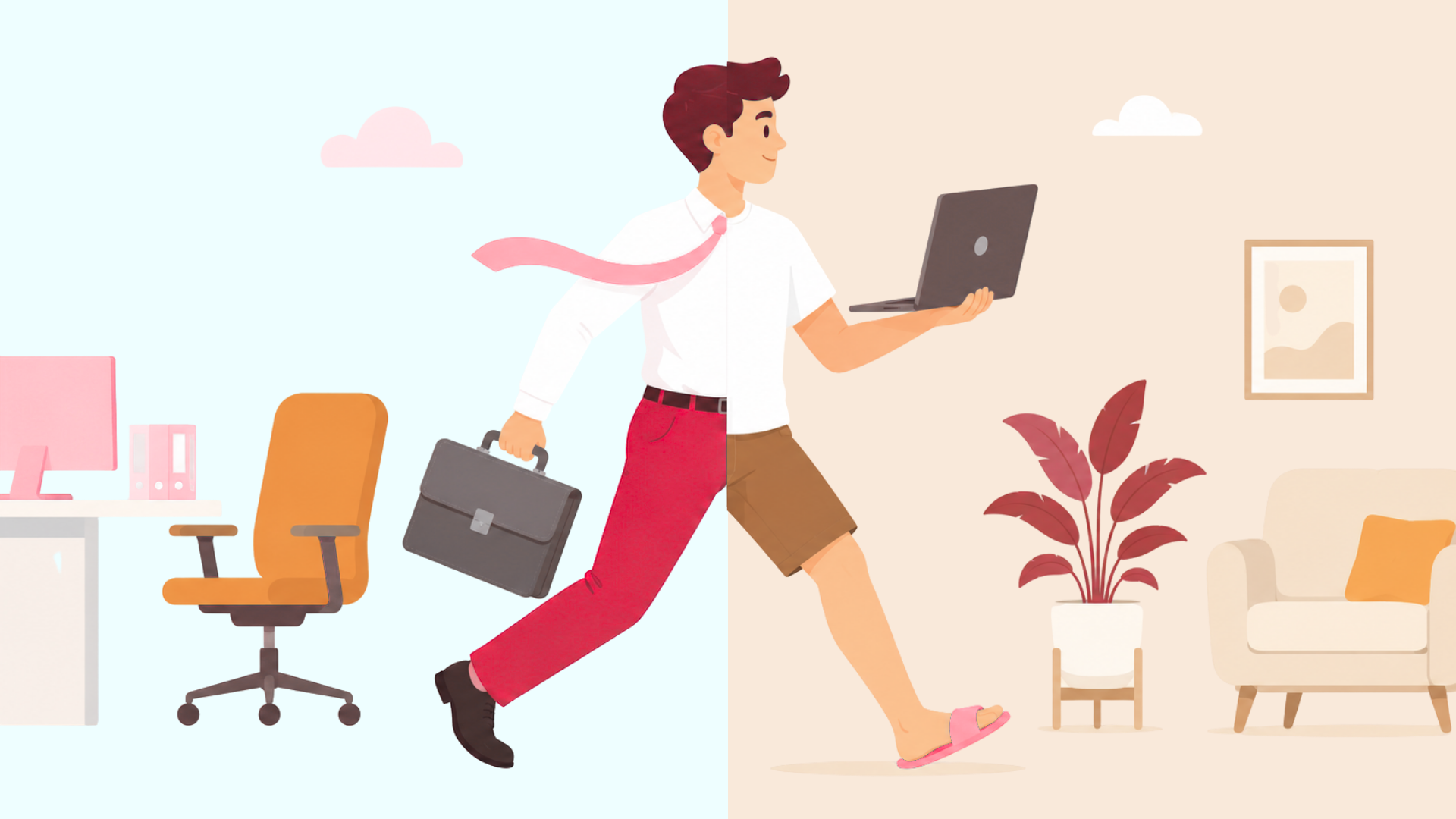 Split-screen illustration representing a hybrid work model, showing a man stepping from a traditional office setting on the left in professional attire with a briefcase, into a comfortable remote home environment on the right wearing casual shorts and holding a laptop