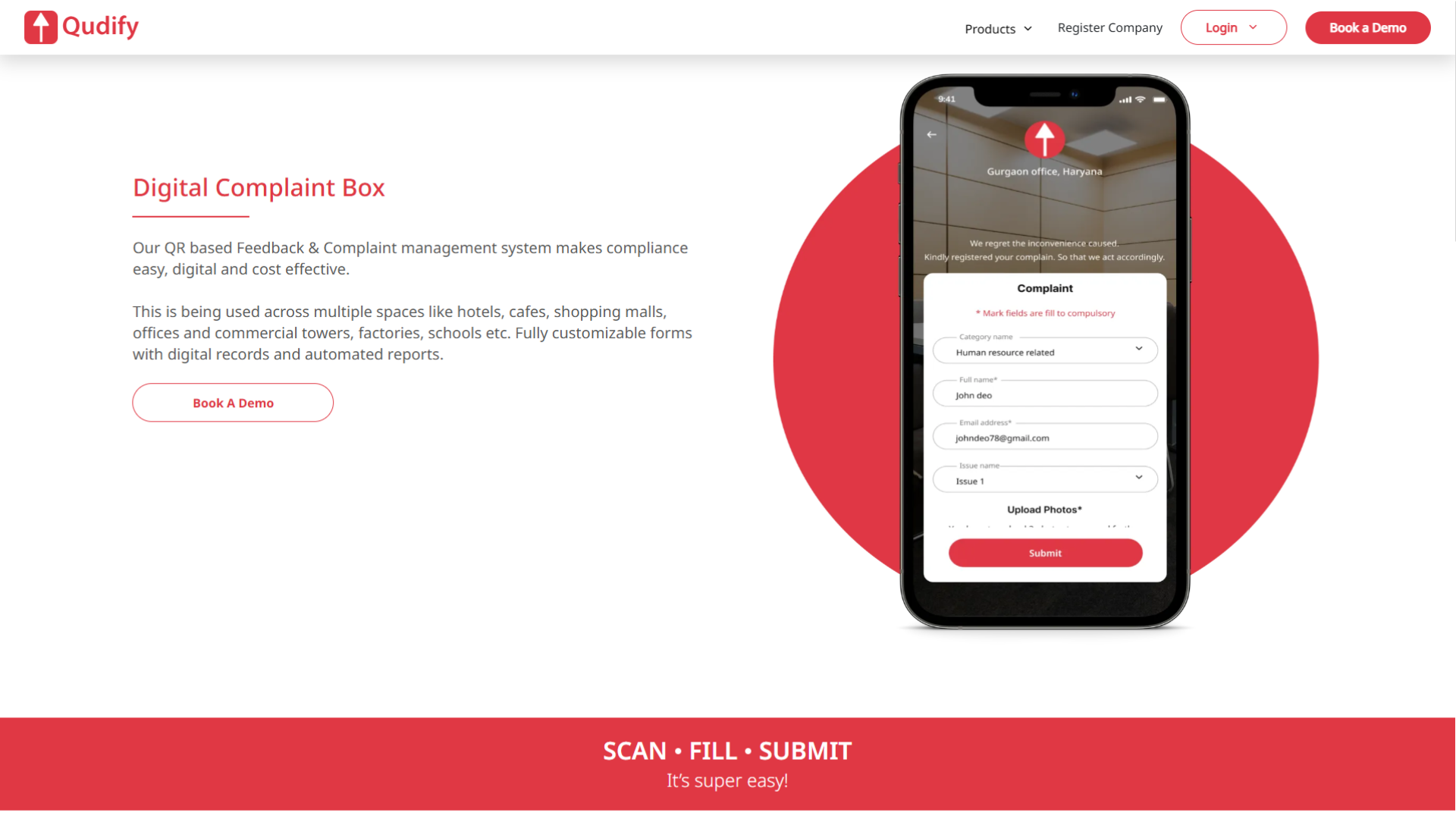 Qudify website interface for their Digital Complaint Box, featuring a smartphone mockup that displays a mobile-friendly, QR-based feedback and complaint management form.