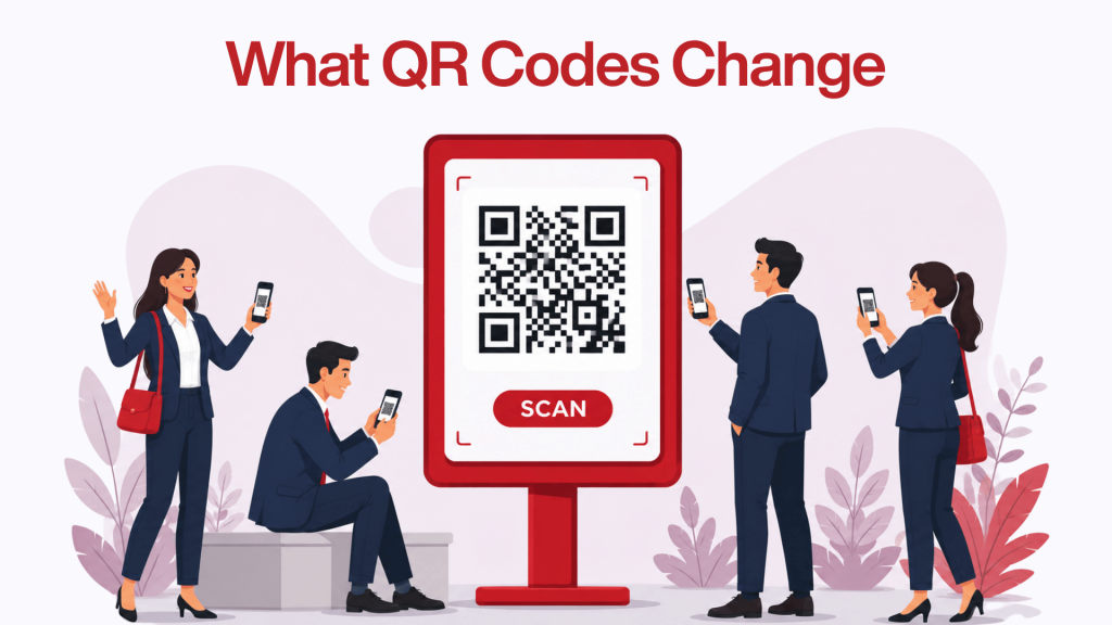Header graphic titled What QR Codes Change, illustrating multiple office workers scanning a large red central QR code display with their mobile phones to represent digital transformation and instant workplace feedback.