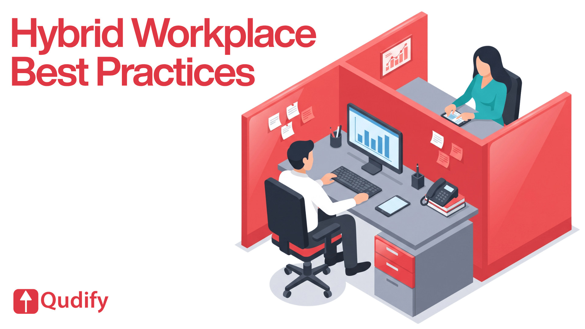 Qudify header graphic titled Hybrid Workplace Best Practices, illustrating an isometric office cubicle layout with employees working at desks with computers and documents to represent corporate workspace organization.