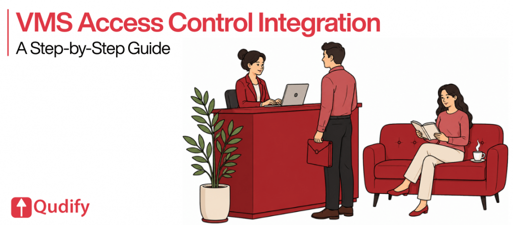 Qudify header graphic titled VMS Access Control Integration: A Step-by-Step Guide, illustrating a corporate reception area with a receptionist at a desk checking in a visitor carrying a briefcase, and another person reading on a red sofa.