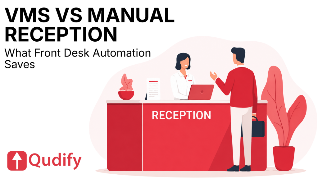 Qudify header graphic featuring the Qudify logo, headline VMS VS MANUAL RECEPTION, subtext What Front Desk Automation Saves, and an illustrated scene of a visitor standing at a red reception desk interacting with a receptionist.