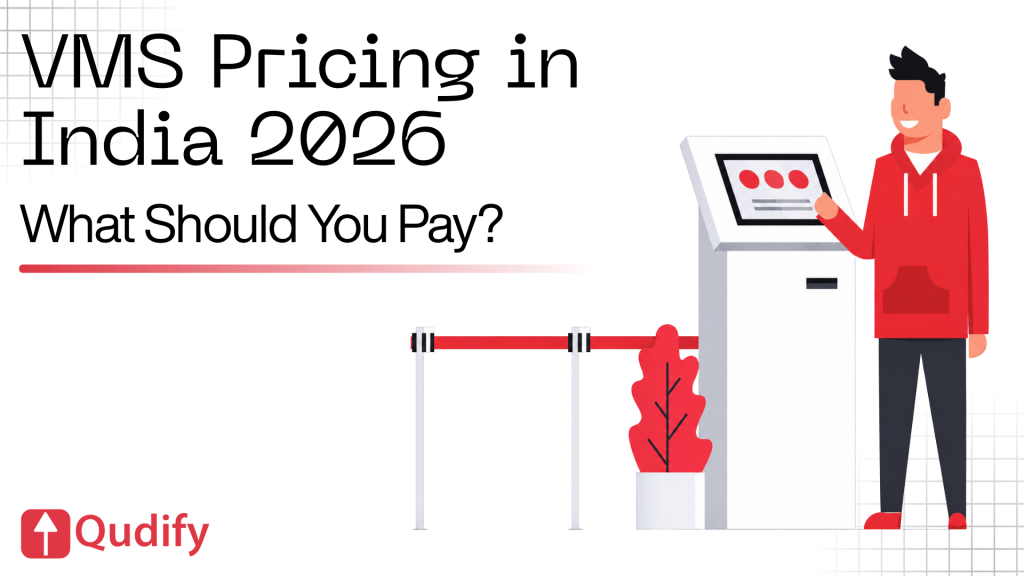 Qudify header graphic featuring the Qudify logo, headline VMS Pricing in India 2026, subtext What Should You Pay?, and an illustration of a man interacting with a visitor check-in kiosk next to an entryway barrier.
