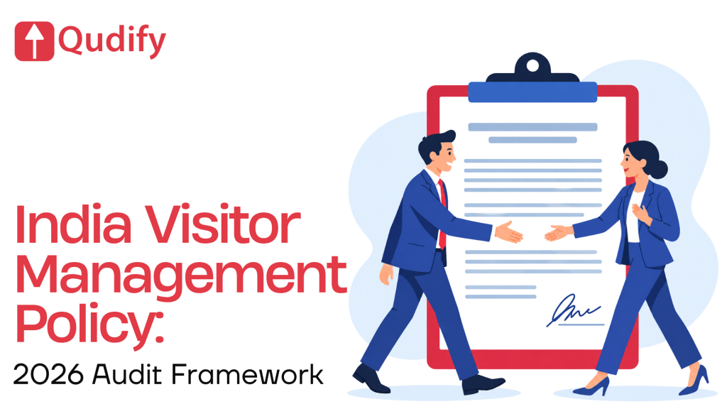 Qudify header graphic featuring the company logo, headline India Visitor Management Policy: 2026 Audit Framework, and an illustration of two professionals shaking hands in front of a giant signed document clipboard.