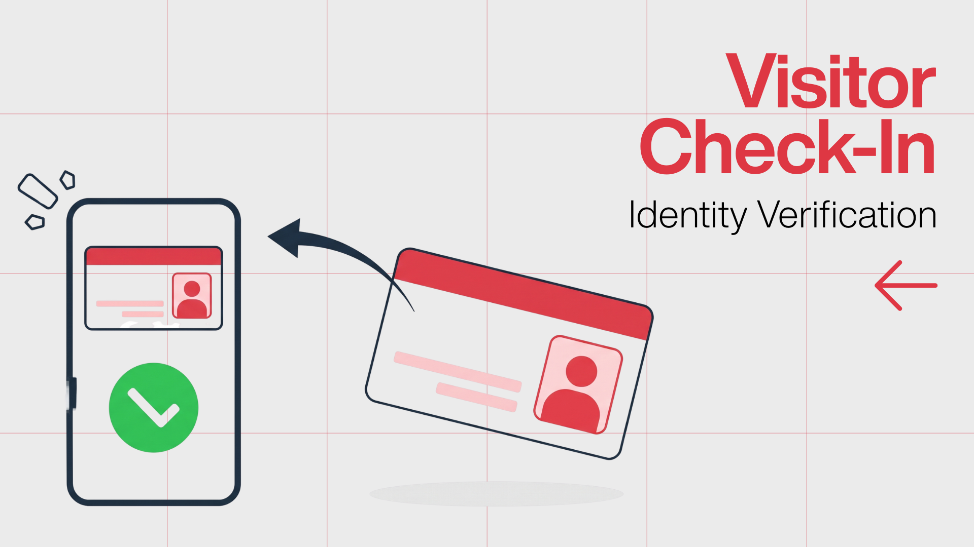 Infographic titled Visitor Check-In Identity Verification, illustrating a digital ID badge being scanned or uploaded into a smartphone app with a green checkmark success indicator.
