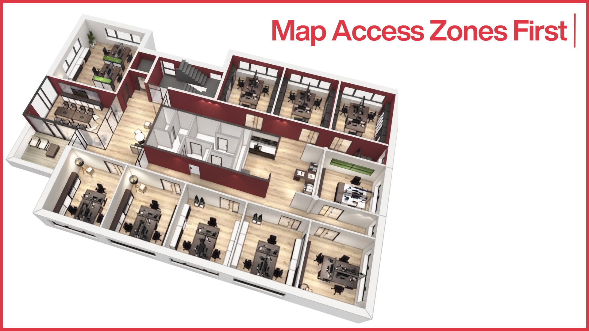 Qudify office architectural floor plan graphic featuring the headline Map Access Zones First, illustrating a 3D isometric layout of a multi-room corporate office with individual workspaces, meeting rooms, and partitioned security zones