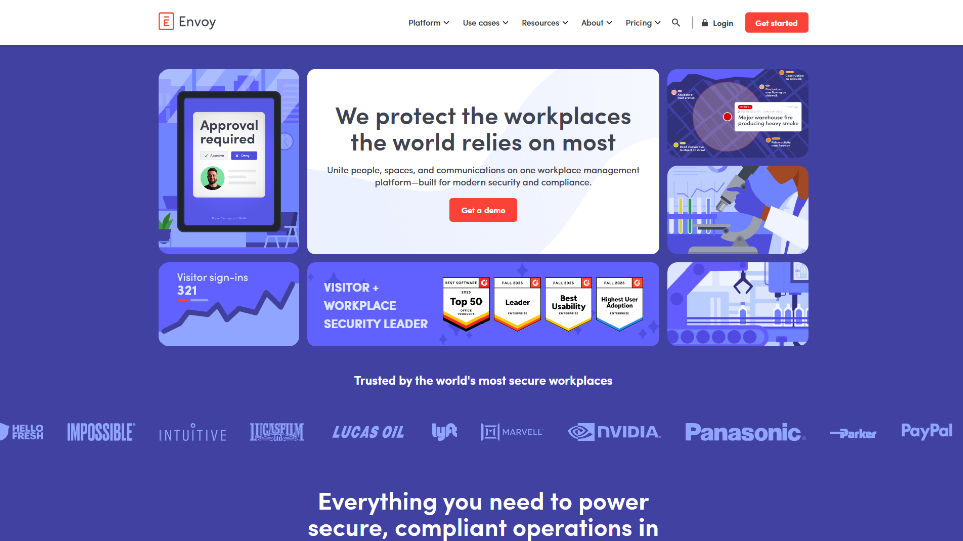 Envoy website homepage featuring the Envoy logo, top navigation menu, the main headline We protect the workplaces the world relies on most, subtext stating they unite people, spaces, and communications on one platform built for modern security and compliance, a Get a demo button, product graphics and badge awards for Top 50, Leader, Best Usability, and Highest User Adoption, and a footer listing trusted enterprise clients including HelloFresh, Impossible, Intuitive, Lucasfilm, Lucas Oil, Lyft, Marvell, NVIDIA, Panasonic, Parker, and PayPal.