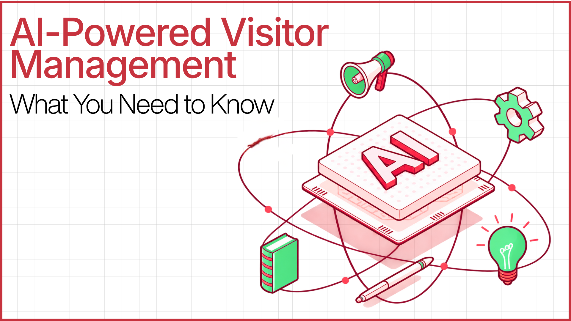 Infographic featuring the headline AI-Powered Visitor Management with subheading What You Need to Know, alongside an isometric illustration of a computer chip with the letters AI, surrounded by connected icons for a megaphone, gear, lightbulb, pen, and book against a red grid background.